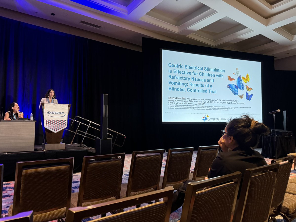 PLLU's tweet photo. Proud of former @nationwidekids GI fellow @HawaKathryn’s @NASPGHAN Young Faculty Clinical Investigator Award at #NASPGHAN2024!

➡️ First blinded, controlled trial of gastric stim⚡️ in children

➡️ Symptoms &amp; max drinking volume improved when ON vs OFF

@CarloDiLorenzo1 @deslilo https://t.co/3ZpY6v4Lr7