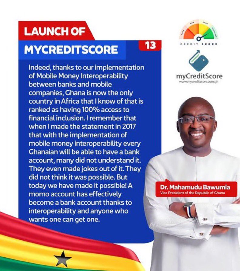 In times of financial struggles, I introduce Dr. Bawumia's credit score system, designed to enhance financial confidence and create opportunities for everyone. #Votenumber1
#ItIsPossible 
#Bawumia2024 
#BawumiaForPresident 
#BoldSolutionsForOurFuture