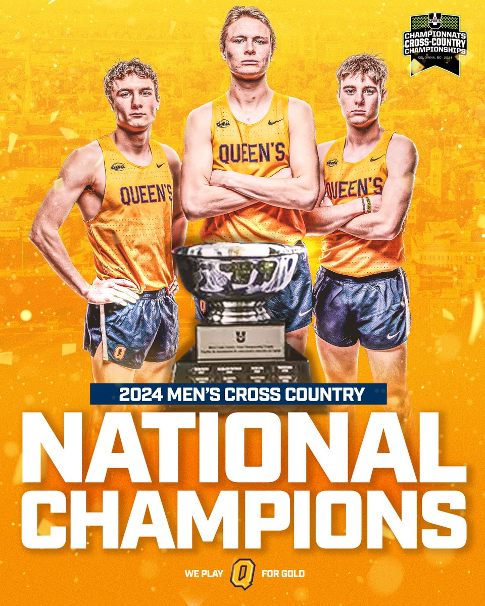 NATIONAL CHAMPIONS! 🏆🇨🇦 

HISTORY MADE! The Queen's Men's Cross Country team has been crowned the 2024 Men's Overall Champions!

#ForGold | #ChaGheill