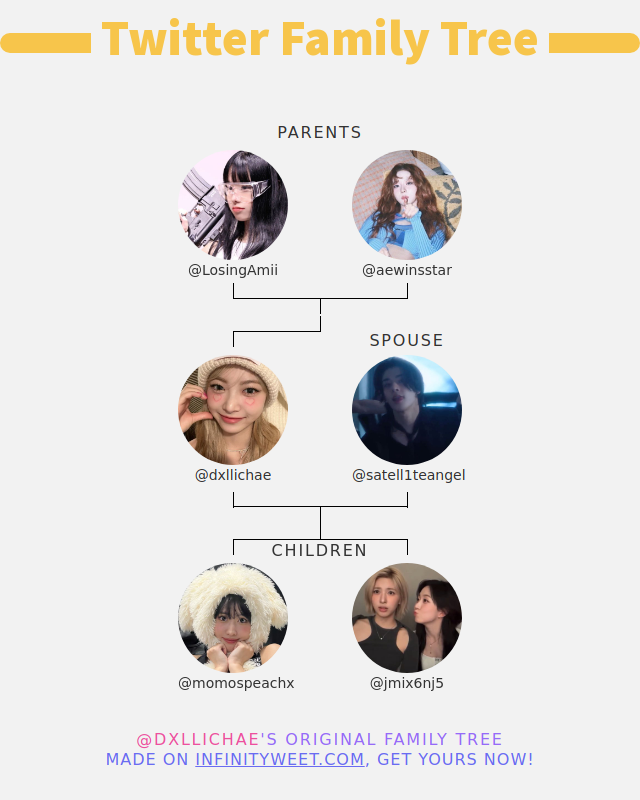 👨‍👩‍👧‍👦 My Twitter Family:
👫 Parents: @LosingAmii <a href="/aewinsstar/">nabi🫧</a>
👰 Spouse: @satell1teangel
👶 Children: <a href="/momospeachx/">maya 🍭 is seeing twice (04.06)!</a> @jmix6nj5

➡️ infinityweet.me/family-tree