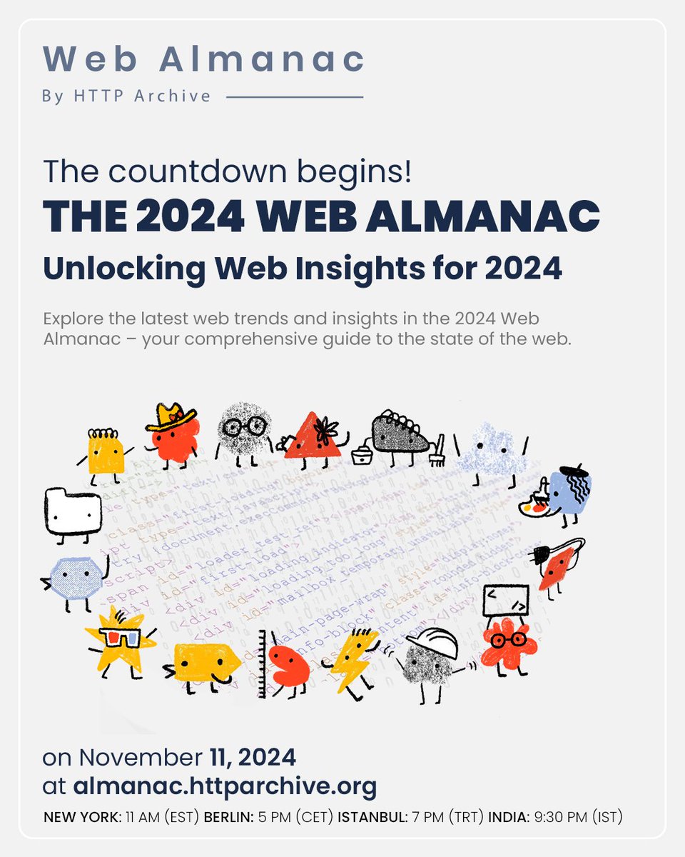 Nurullah Demir (@nrllah) on Twitter photo 📢 Countdown begins! After months of work by experts from all over the world, we're thrilled to announce our launch!
The 2024 Web Almanac arrives on Nov 11. Discover the latest web insights at almanac.httparchive.org 🌐
#WebAlmanac #HTTPArchive #Web #StateOfTheWeb <a href="/HTTPArchive/">HTTP Archive 💾</a> 📢 Countdown begins! After months of work by experts from all over the world, we're thrilled to announce our launch!
The 2024 Web Almanac arrives on Nov 11. Discover the latest web insights at almanac.httparchive.org 🌐
#WebAlmanac #HTTPArchive #Web #StateOfTheWeb <a href="/HTTPArchive/">HTTP Archive 💾</a>