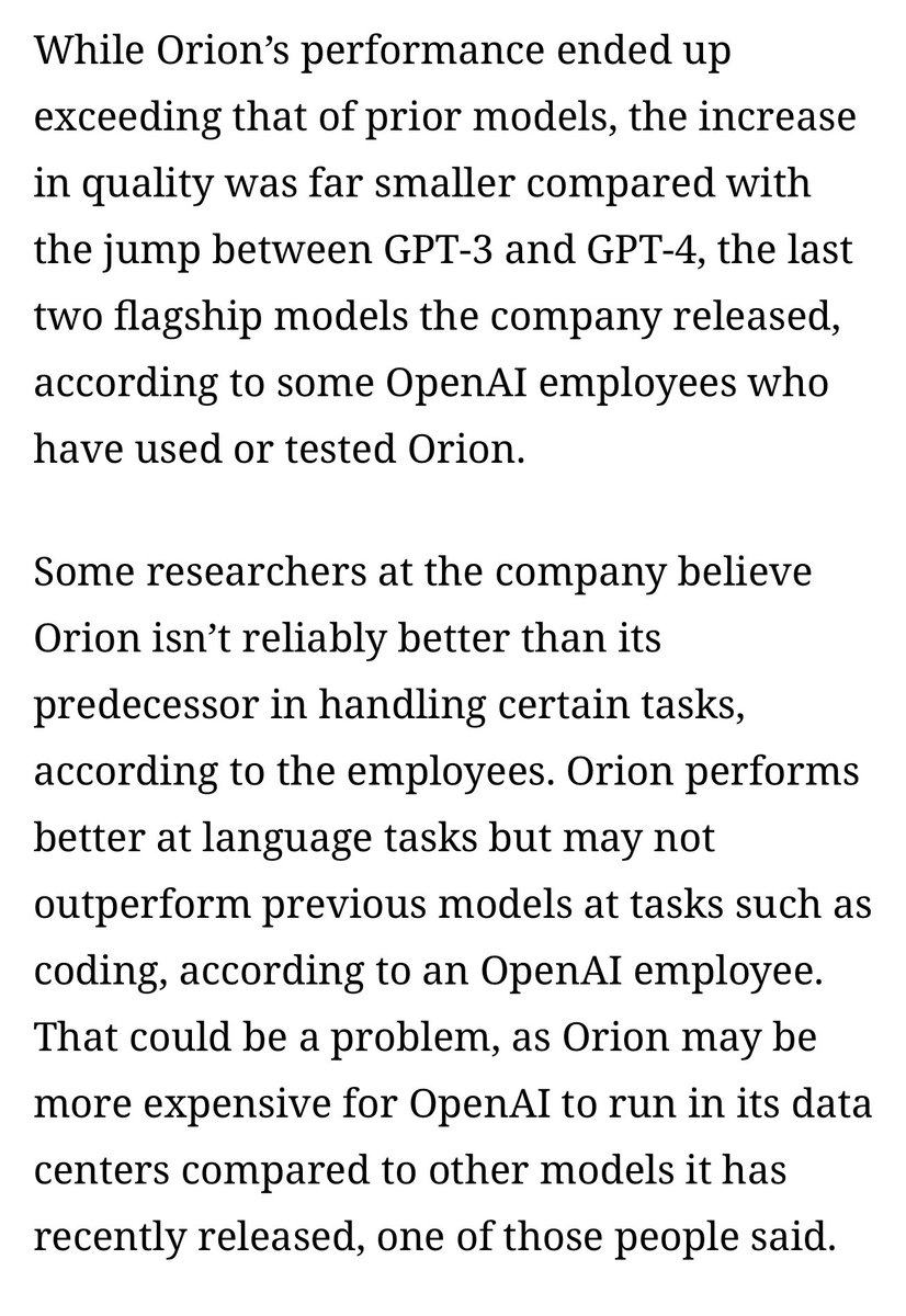 edzitron's tweet photo. This is quietly one of the more worrying/bearish things I've read about generative AI. They're running out of data. They're getting more expensive but not much better and not really anymore powerful. It's like I warned you! https://t.co/ndRlwh56Wl