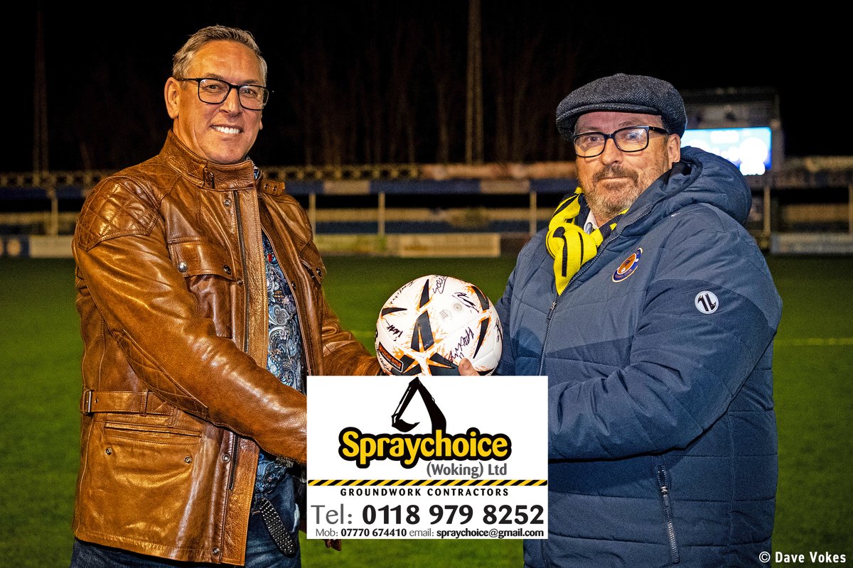 FarnboroughFC's tweet photo. #FarnboroughFC Chairman Simon Gardener presents a signed football to Andrew Claridge of Spraychoice - today's official Match Ball Sponsor ⚽ https://t.co/EeeaZKyX3n