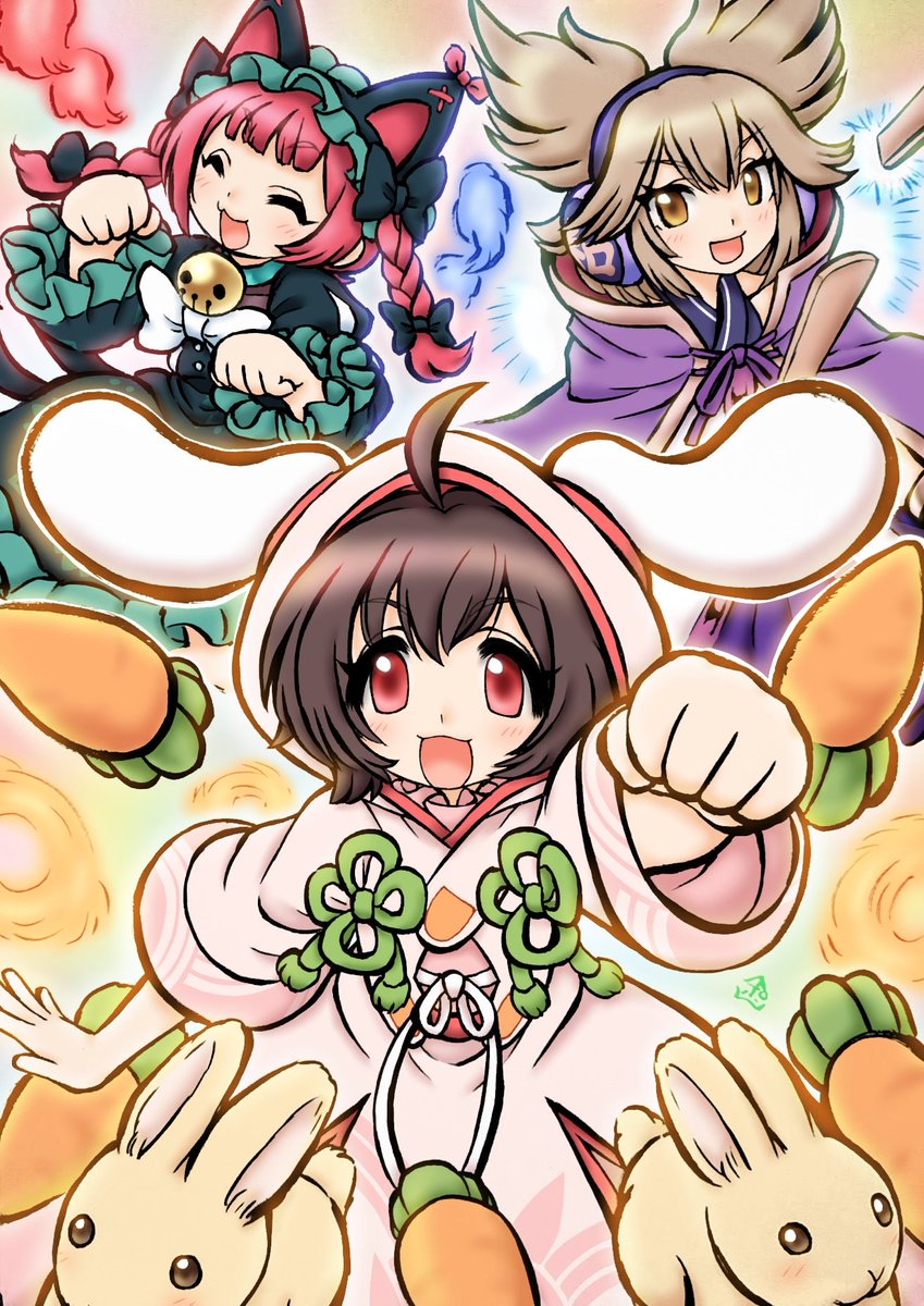 poporoyama's tweet image. 東方幻想エクリプス1周年記念のイラスト描きました。
今回は使って楽しいセットの3人にしてみました☆
特にてゐのバウンドするショットが一番楽しいですねー。
#東方幻想絵クリプス　#絵クリプス展覧会　#てゐ