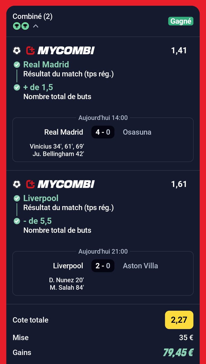 BetClem_'s tweet image. ON ENCAISSE EN BETS FOOTBALL ⚽✅✅🤑 

COMBINÉ DU JOUR ☘️✅
@2.27✅
35€ ➡️ 79.45€✅

MAX DE LIKE ♥️ ET BALANCEZ VOS TICKETS L'ÉQUIPE 🔥 
#TeamParieur