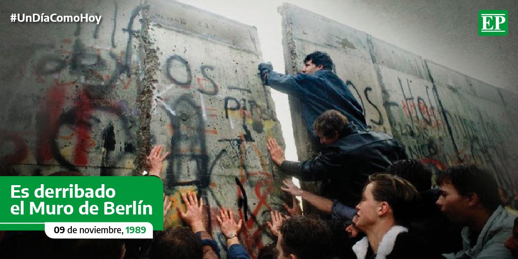 Diario_EP's tweet photo. #Undíacomohoy | La población alemana de manera pacífica, sin derramar sangre o disparar un arma de fuego, derriba el Muro de Berlín, que dividió por casi tres décadas la capital alemana conllevando a la reunificación de Alemania.
#Efemérides #DiarioEP https://t.co/nafegLQXNA
