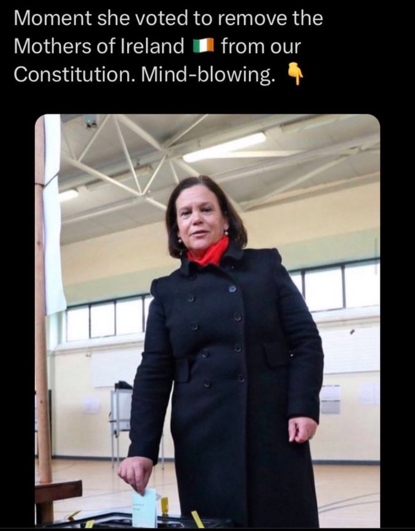 keira_con's tweet photo. If you are even thinking of voting Sinn Féin this is the moment their leader tried to erase mother from the Irish constitution and by the very same pen stroke bring in Durable relationships which not alone did departments of the civil service say was unworkable and would leave Ireland open, but our own AG advised the same voting for people like this is voting for the further destruction of Ireland.