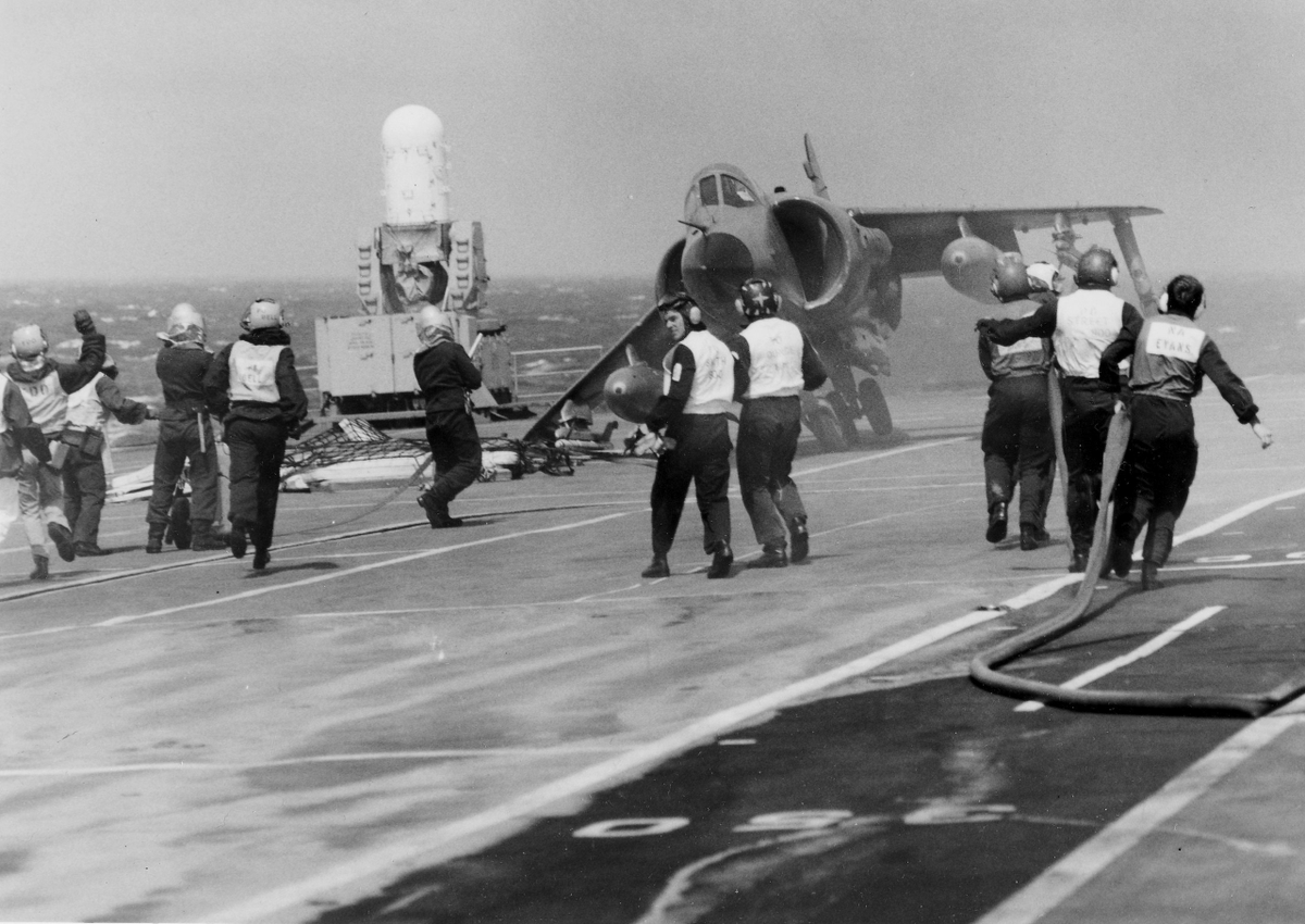 This Sea Harrier hit the ramp as the ship jolted snapping off its outrigger being ripped off. A safe landing was performed thanks to the quick-thinking application of a pile of mattresses on the deck!