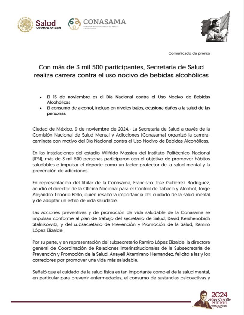 conasamamx's tweet photo. COMUNICADO CONASAMA I Con más de 3 mil 500 participantes, Secretaría de Salud realiza carrera contra el uso nocivo de bebidas alcohólicas 

#MásKmMenosAlcohol
#SiTeCuidasNosCuidas https://t.co/27n4Zfxztu
