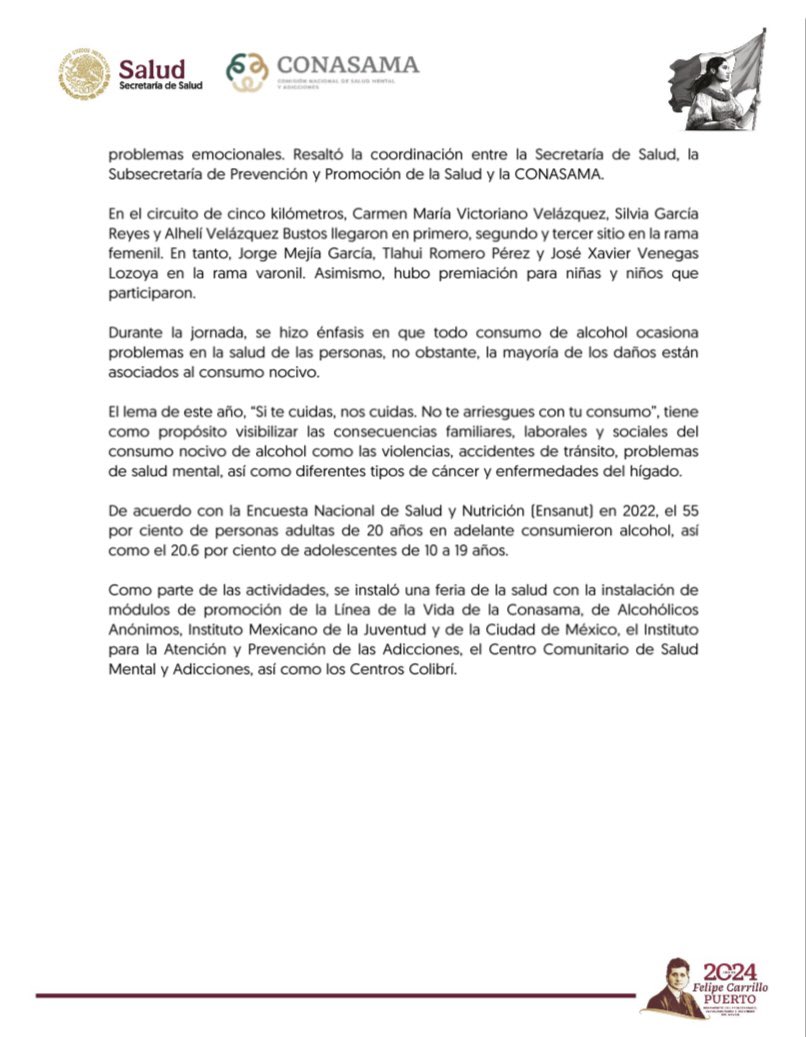 conasamamx's tweet photo. COMUNICADO CONASAMA I Con más de 3 mil 500 participantes, Secretaría de Salud realiza carrera contra el uso nocivo de bebidas alcohólicas 

#MásKmMenosAlcohol
#SiTeCuidasNosCuidas https://t.co/27n4Zfxztu