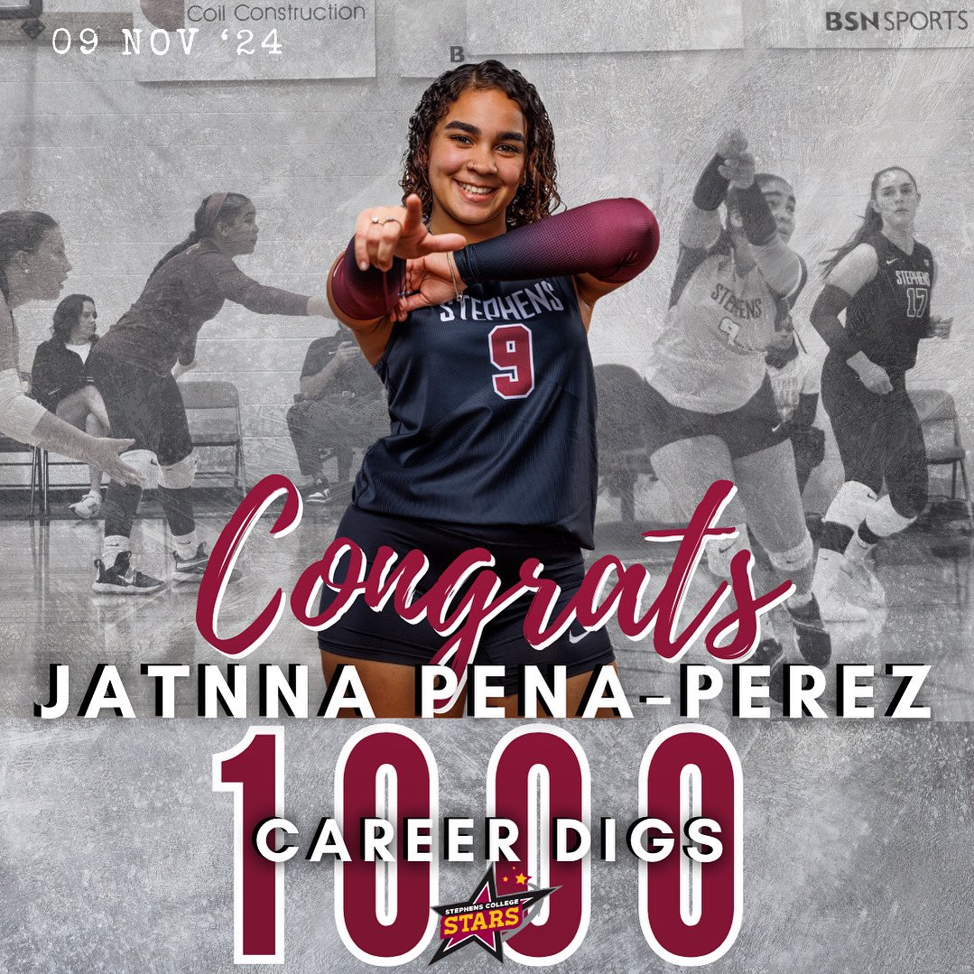 Congrats to Jatnna Peña-Perez as she reached 1,000 digs in her collegiate career! 516 of which were at Stephens 🎉
#StarsAthletics #StarsVolleyball