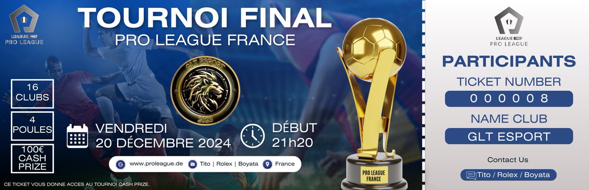 Pro League France (@proleaguefr) on Twitter photo 🎫 | TICKET D’INVITATION
Pour obtenir un des précieux ticket d’invitation, il faut être dans les 4 premiers d’un des quatre tournoi de qualification !
C’est chose faite pour
<a href="/CristalPanas/">CRISTAL PANAS ESPORTS</a> ✅
<a href="/AquilaeCP/">Aquilae Club Pro</a> ✅
<a href="/FC_FOOT13/">FC FOOT13</a> ✅
@GLT_eSport ✅
Félicitation et rdv le 20/12/2024 🎫 | TICKET D’INVITATION
Pour obtenir un des précieux ticket d’invitation, il faut être dans les 4 premiers d’un des quatre tournoi de qualification !
C’est chose faite pour
<a href="/CristalPanas/">CRISTAL PANAS ESPORTS</a> ✅
<a href="/AquilaeCP/">Aquilae Club Pro</a> ✅
<a href="/FC_FOOT13/">FC FOOT13</a> ✅
@GLT_eSport ✅
Félicitation et rdv le 20/12/2024