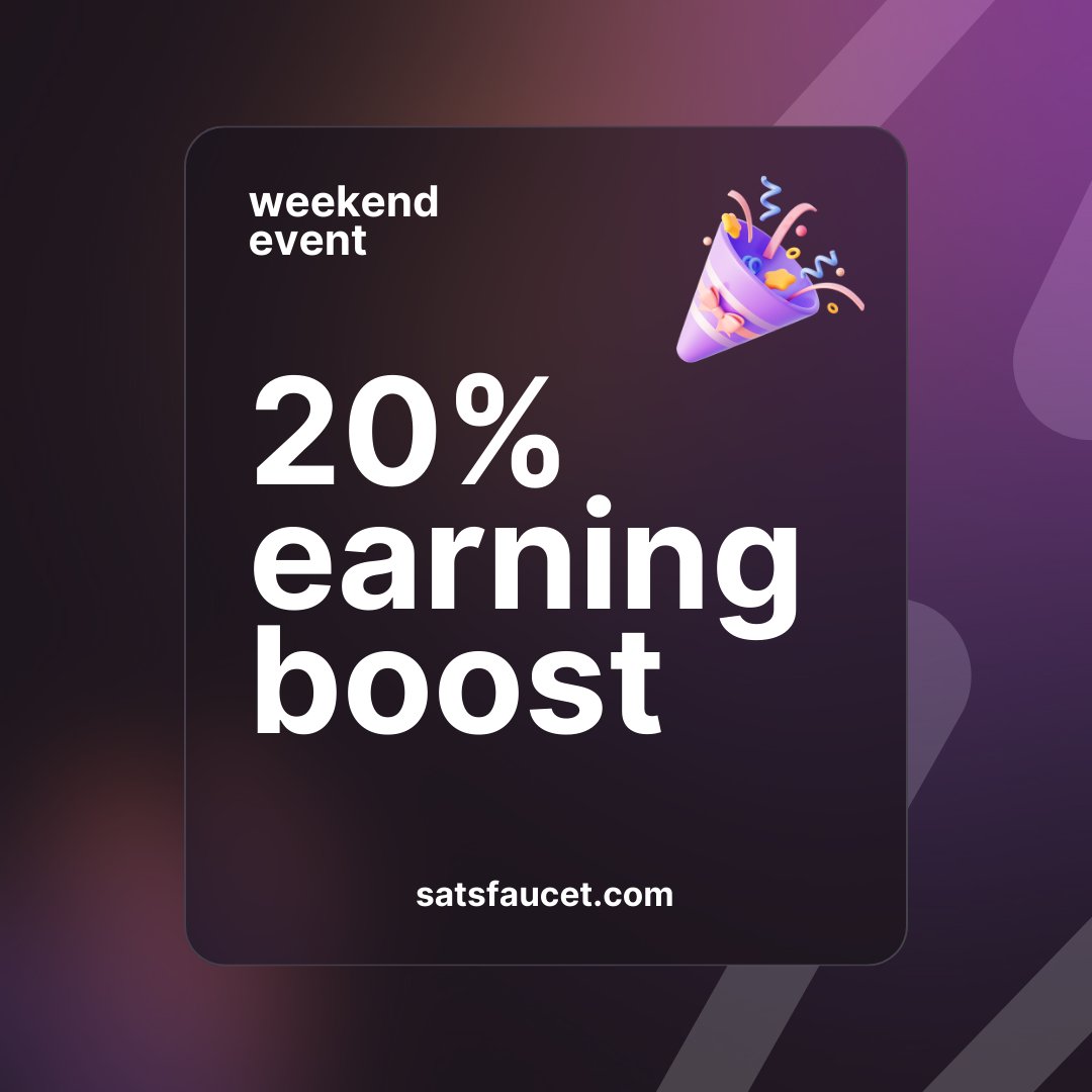satsfaucet's tweet photo. 20% boost on all earnings until Monday! π
π https://t.co/HeGDzIL90g
#SatsFaucet #StackSats #EarnSats #EarnBitcoin #BitcoinReward #BitcoinFaucet #LightningNetwork https://t.co/WOOUbcjBzQ
