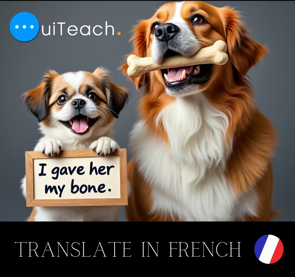 Ouiteach_French's tweet photo. Can you translate this in French? 🇨🇵 " I gave her my bone." 🦴🐕 | Learn French with Moh and Alain #French #learnfr # #Learnfrench https://t.co/Tjo3IUGhVE