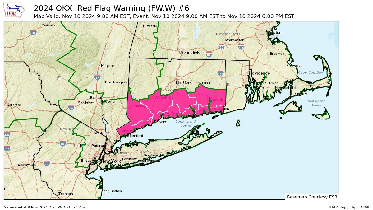 A Red Flag Warning will be in effect for southwestern Connecticut Sunday from 9 a.m. until 6 p.m. EST: forecast.weather.gov/showsigwx.php?…