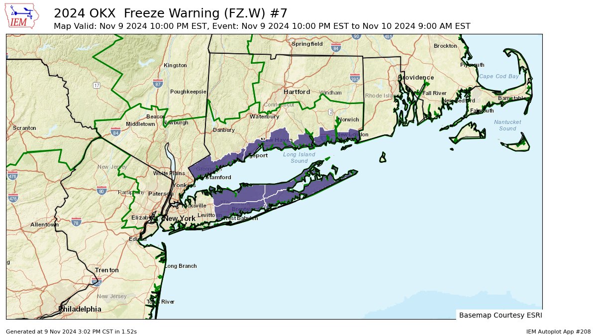 A Freeze Warning will be in effect for southern Fairfield and New Haven counties from Saturday at 10 p.m. until Sunday at 9 a.m. EST: forecast.weather.gov/showsigwx.php?…