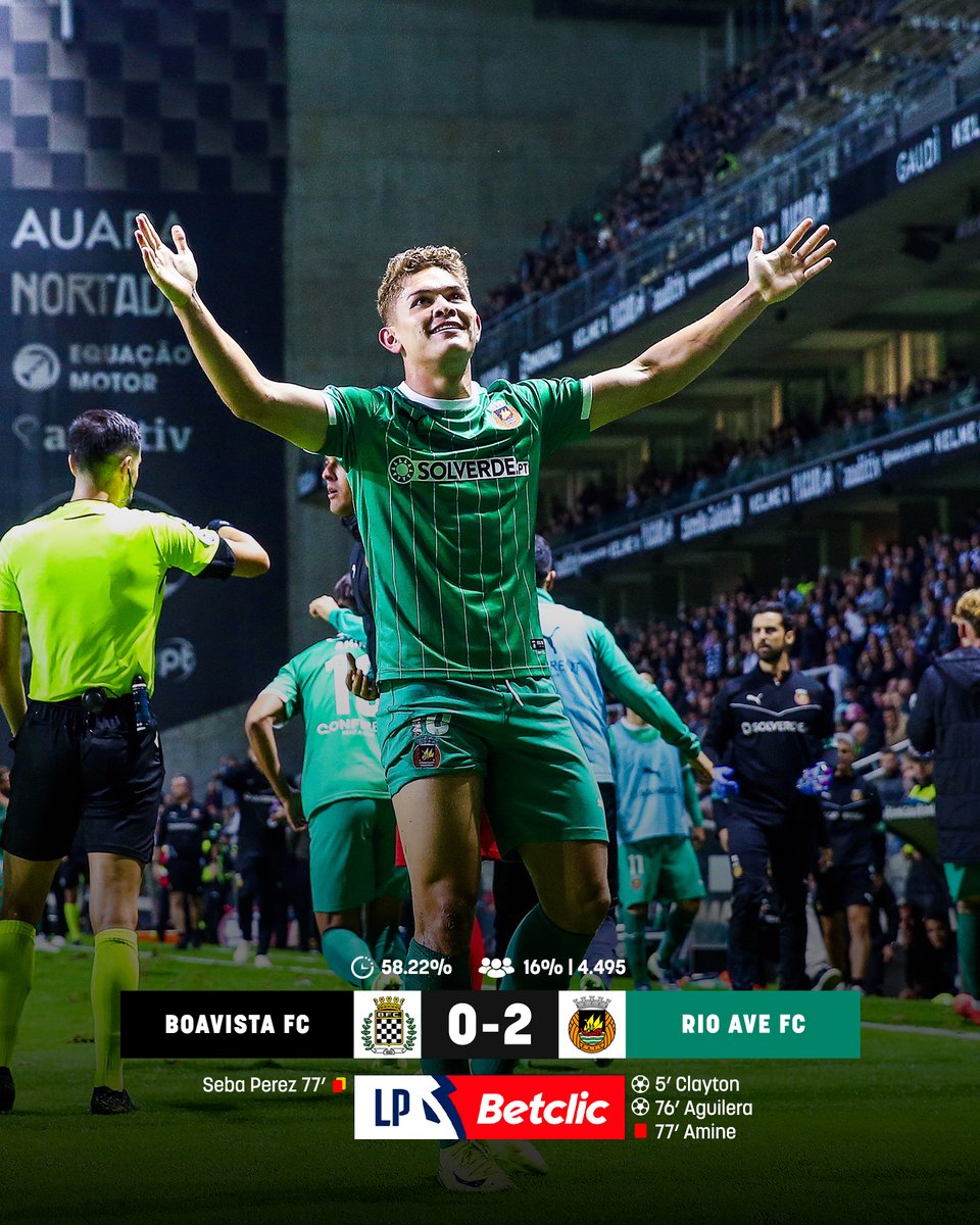 Acabou o tempo de espera ⌛ 

𝟮𝟯 𝗷𝗼𝗴𝗼𝘀 depois, o Rio Ave FC volta a vencer fora de portas, numa noite de estreias e do 𝗚𝗢𝗟𝗢 𝟭𝟬𝟬𝟬 🏆 da história rioavista na #LigaPortugalBetclic! 🥳

#LigaPortugal #BFCRAFC