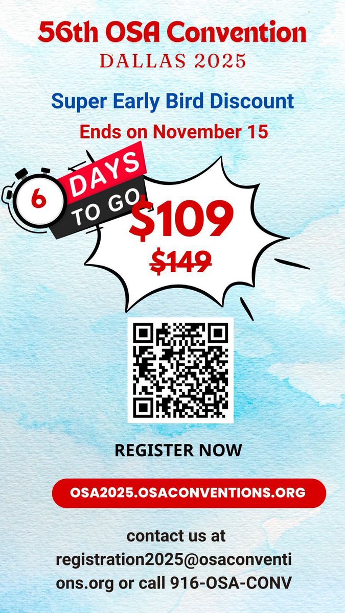 6 days to go for Super Early Bird registrations .

#OSA #OSAConvention #Dallas