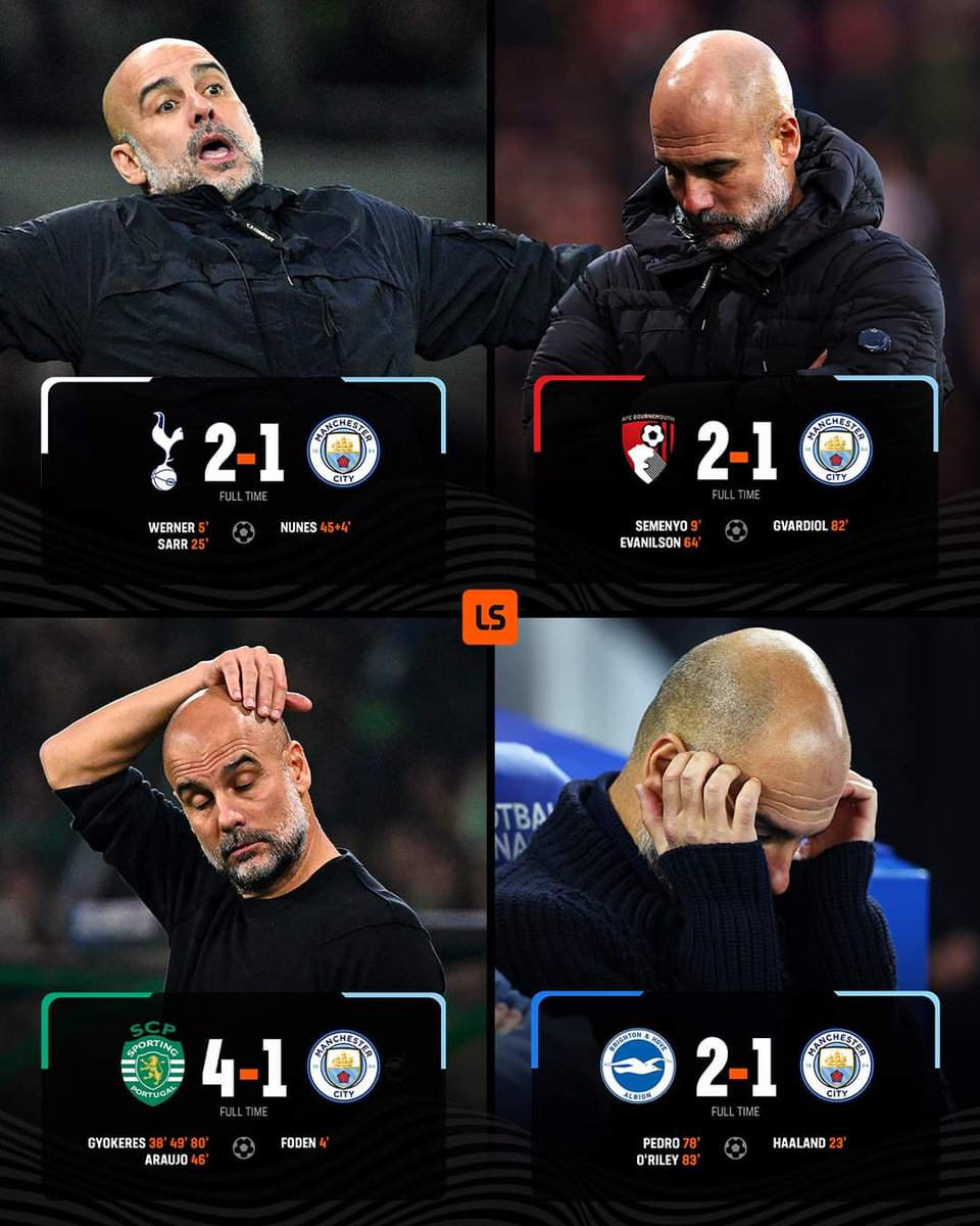 tunde_akinware's tweet photo. Four game lost in a row: First time in Pep's career. https://t.co/6hgwTJlWds