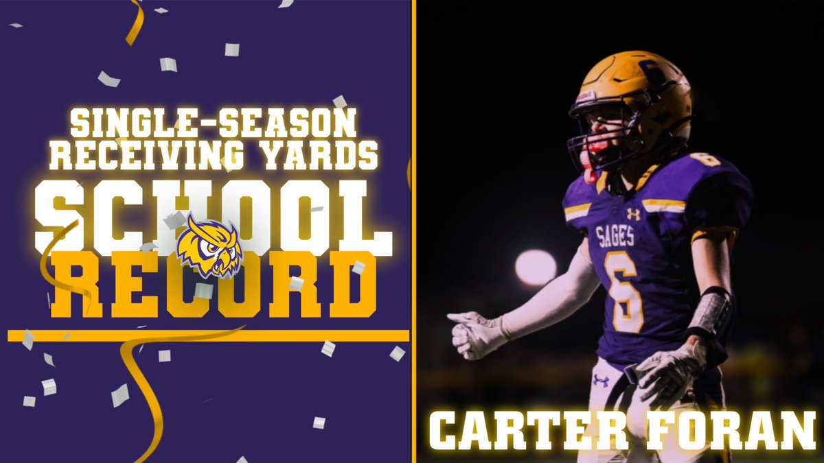 🚨 Congratulations Carter Foran! 
He needed 107 yards coming into today’s game….. 

His unofficial numbers today…..
•8 receptions
•236 Yards Receiving
•3 Total TDs 

One game at a time …… 

💜💛 #GoSages #FlyTheM