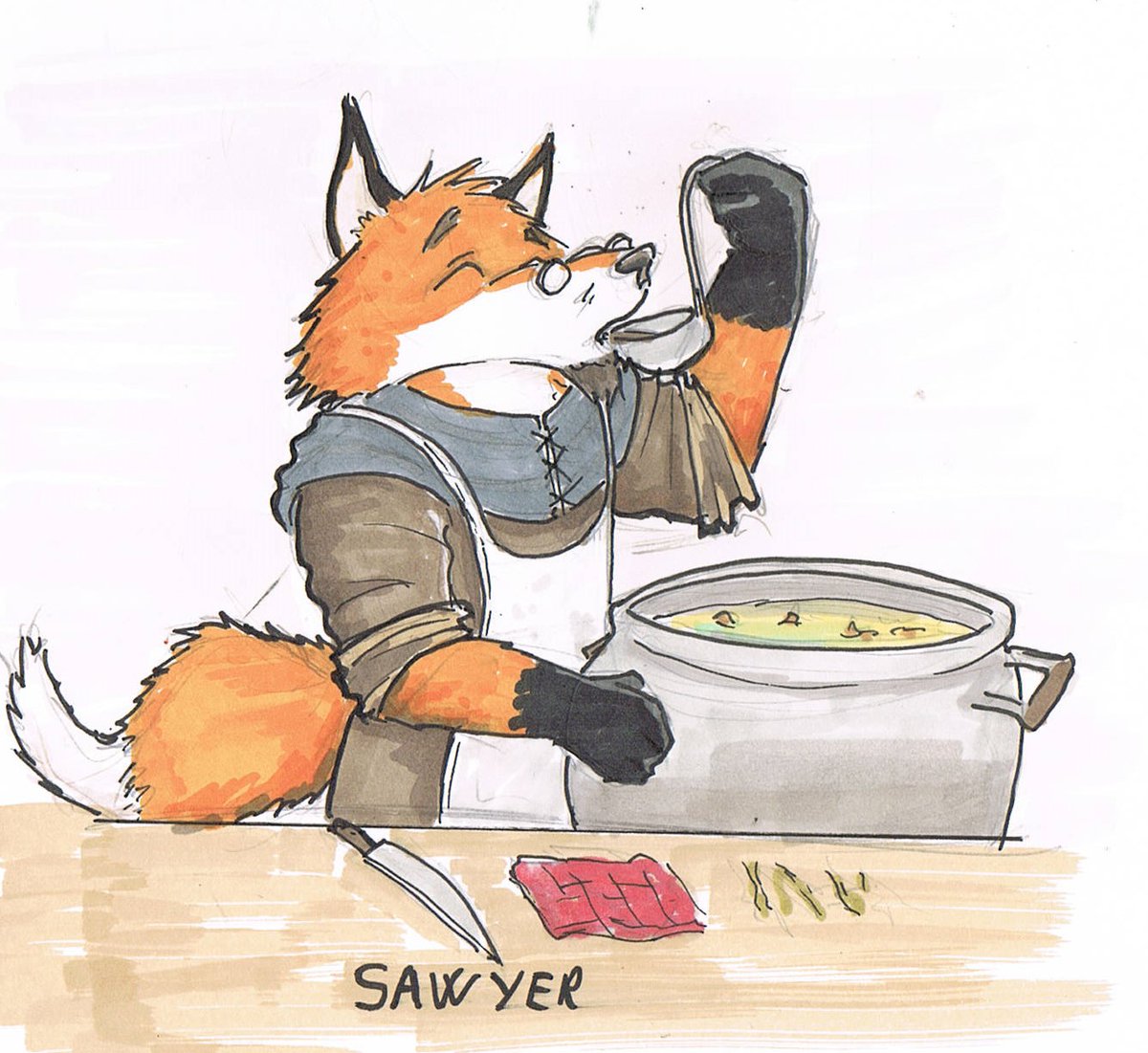 Steinwill1's tweet photo. In preperation for me GM'ing the #RootRPG for friends I started colour doodling potential NPC's from the clearing senarios. These two may not be super importaint NPCs but the booklet described them as a gay couple owning tavern which I found quite endaring and had to draw them^^ https://t.co/6VBC66ANig