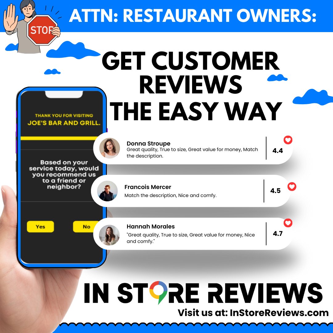 🚨 ATTN: Restaurant Owners! 🚨 Looking for an easier way to get customer reviews? InStore Reviews has got you covered!