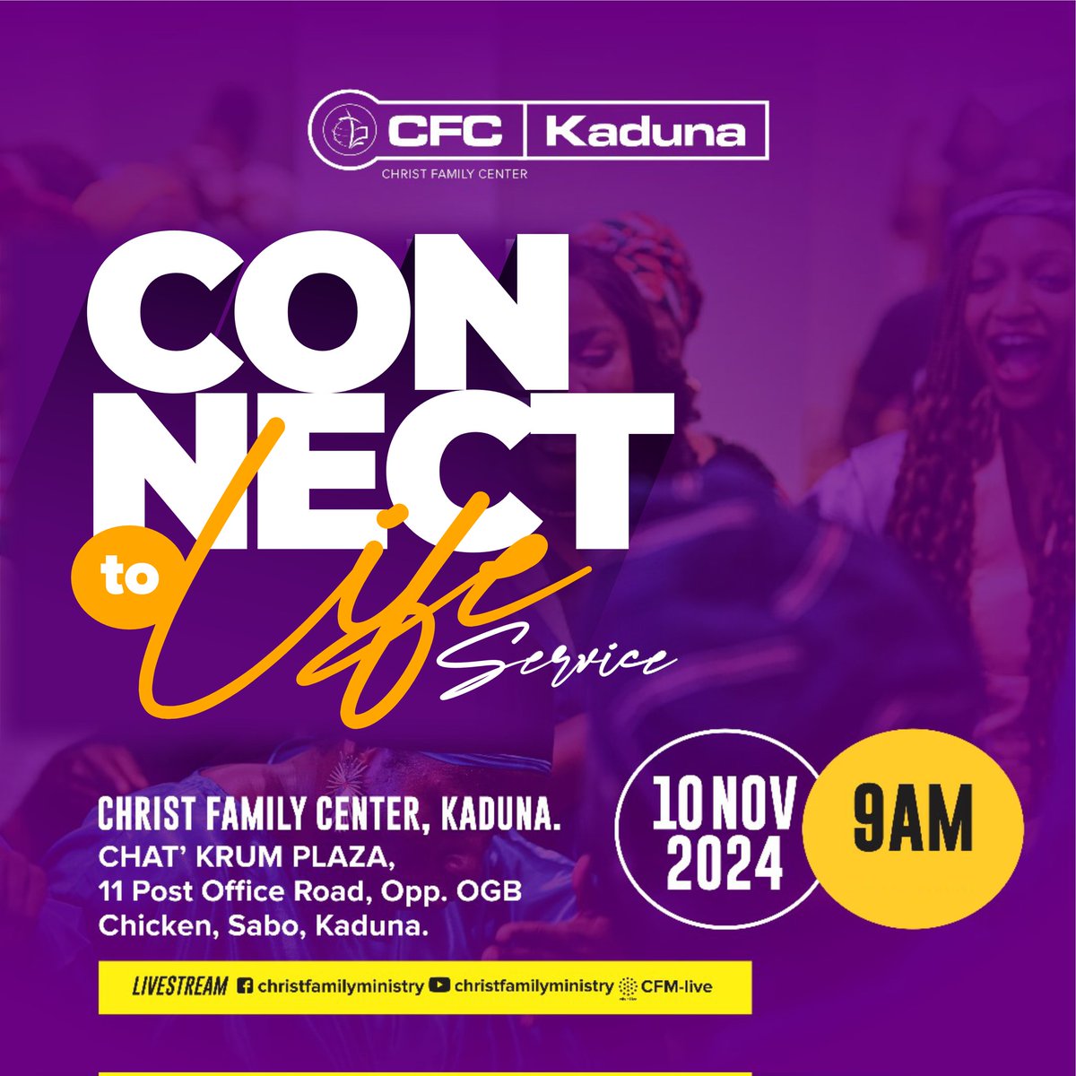 Experience the warmth and love of our church today—"The best place to be where love is king."

We look forward to welcoming you.

#ConnectToLifeService
#CFCKaduna
#TheRelevantChurch
#LoveIsKing