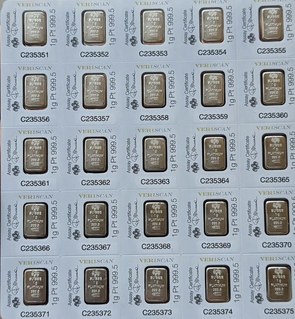 MccoinStacking's tweet photo. Pamp Suisse Fortuna. 1 Gram Platinum, sheet of 25. 99.95% pure. 2 available. 
.
.
Bin to claim https://t.co/VdlGyhTMO0
