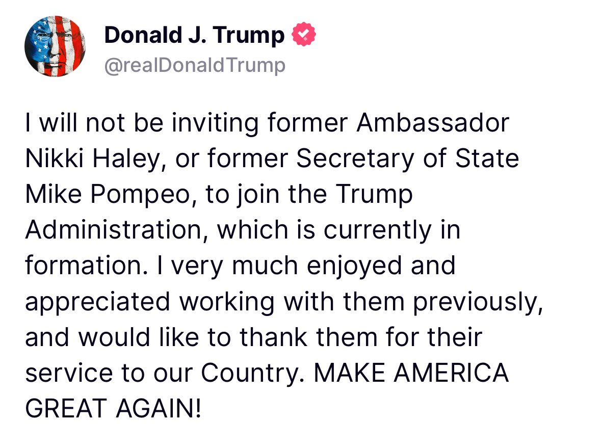 _johnnymaga's tweet image. Trump says Mike Pompeo and Nikki Haley will NOT be invited to join his administration. 🔥