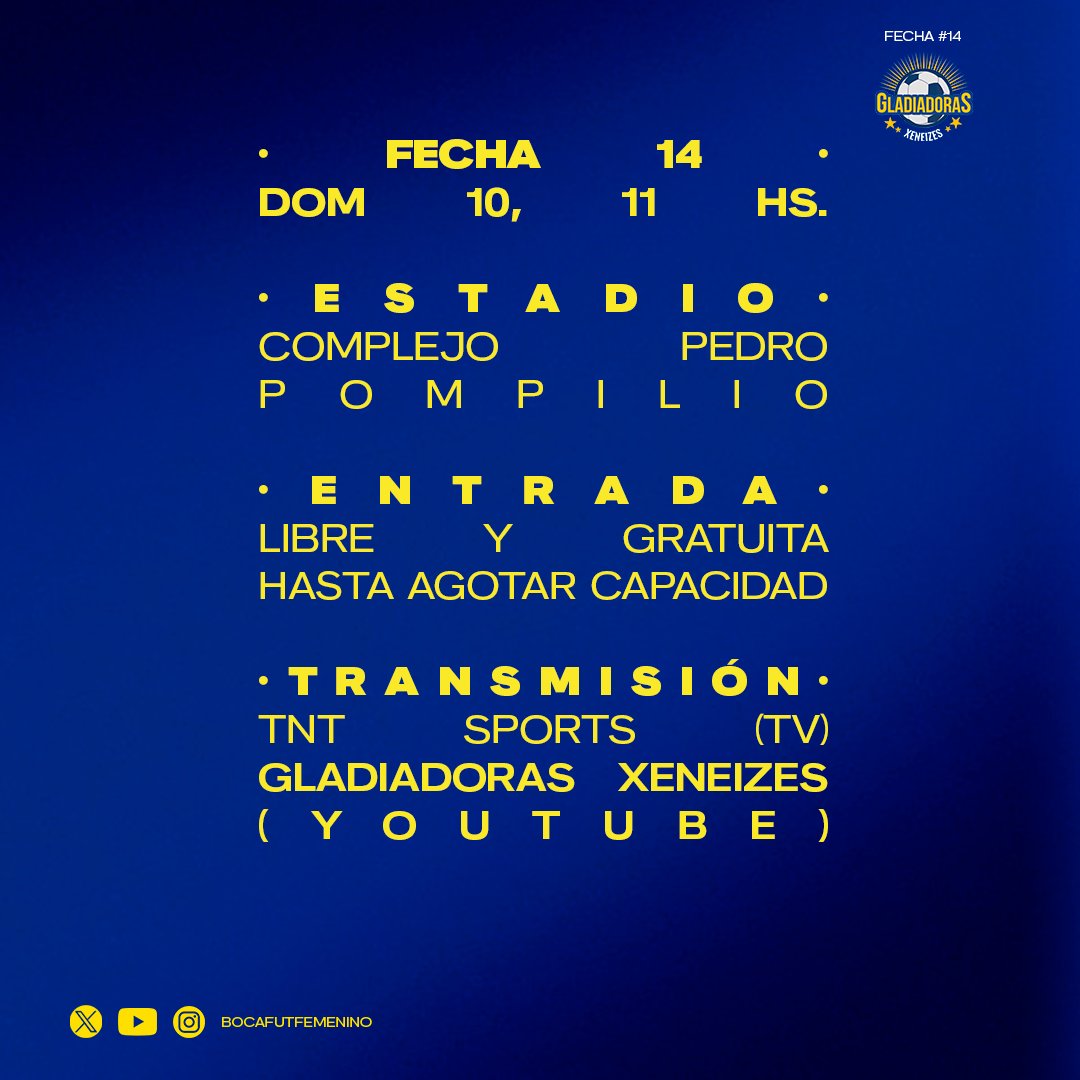 #PróximoPartido

📅 Domingo 10/11
⏰ A las 11 horas
🏟️ Pompilio
🎟️ Libre y gratuita hasta colmar capacidad
📺 TNT Sports
💻 youtube.com/@bocafutfemeni… 

📸 <a href="/martinflores306/">Martin</a>