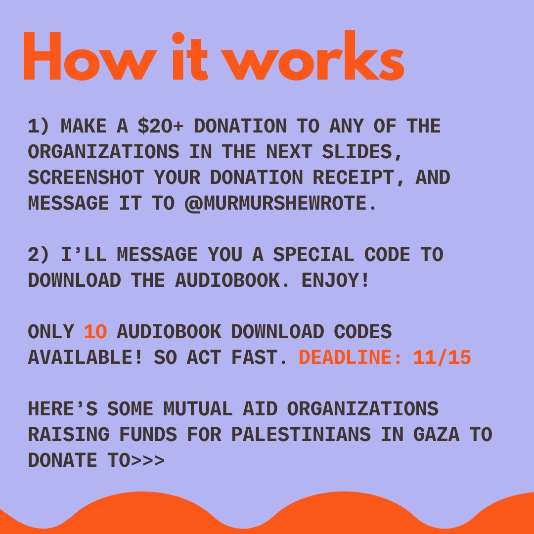 Giving away 10 audiobooks of my novel HOW TO FALL IN LOVE IN A TIME OF UNNAMEABLE DISASTER narrated by the award-winning narrator and author @natalienaudus ... and all you have to do is donate to the following orgs raising funds for Palestinians in Gaza: