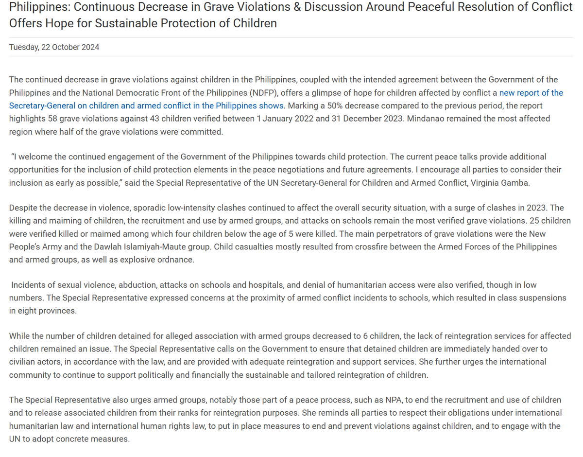 📢Philippines: Continuous Decrease in Grave Violations &amp; Discussion Around Peaceful Resolution of Conflict Offers Hope for Sustainable Protection of Children
👇👇👇
childrenandarmedconflict.un.org/2024/10/philip…