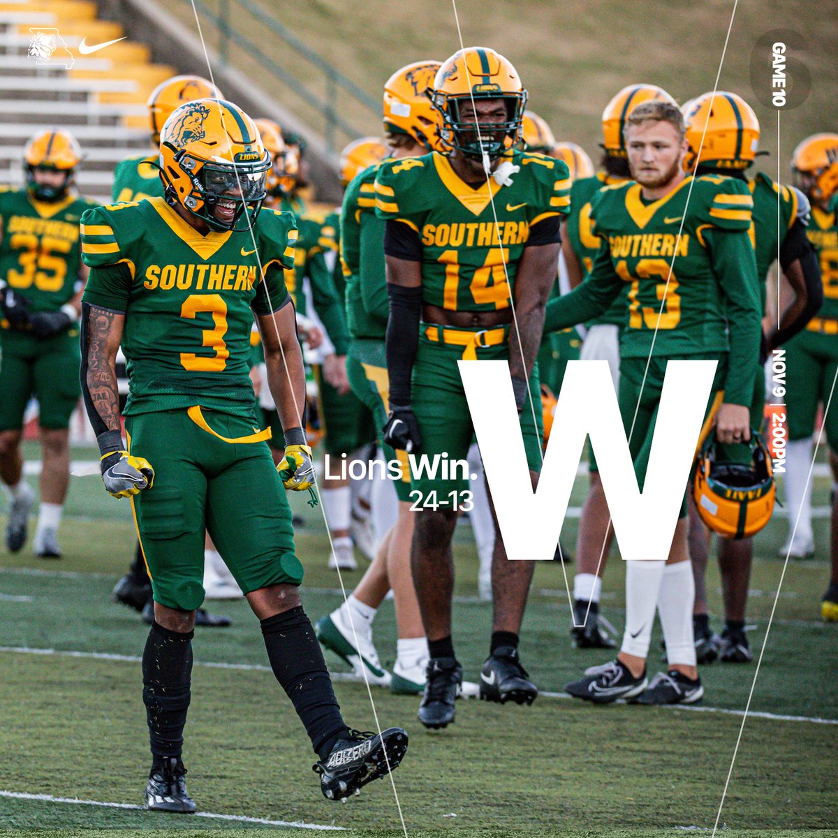 🚨 LIONS WIN 🚨
FINAL: Missouri Southern 24, Nebraska Kearney 13

L. Sampson: 20-37, 242 yards, 2 TD
Touchdown; Alex Martini, Trace Willhite, Ayden Robinson-Wayne 
Field goal: Drake Reese
D. Oliver: 7 tackles (6 solo, 1 assist), 1 TFL - 4-yards