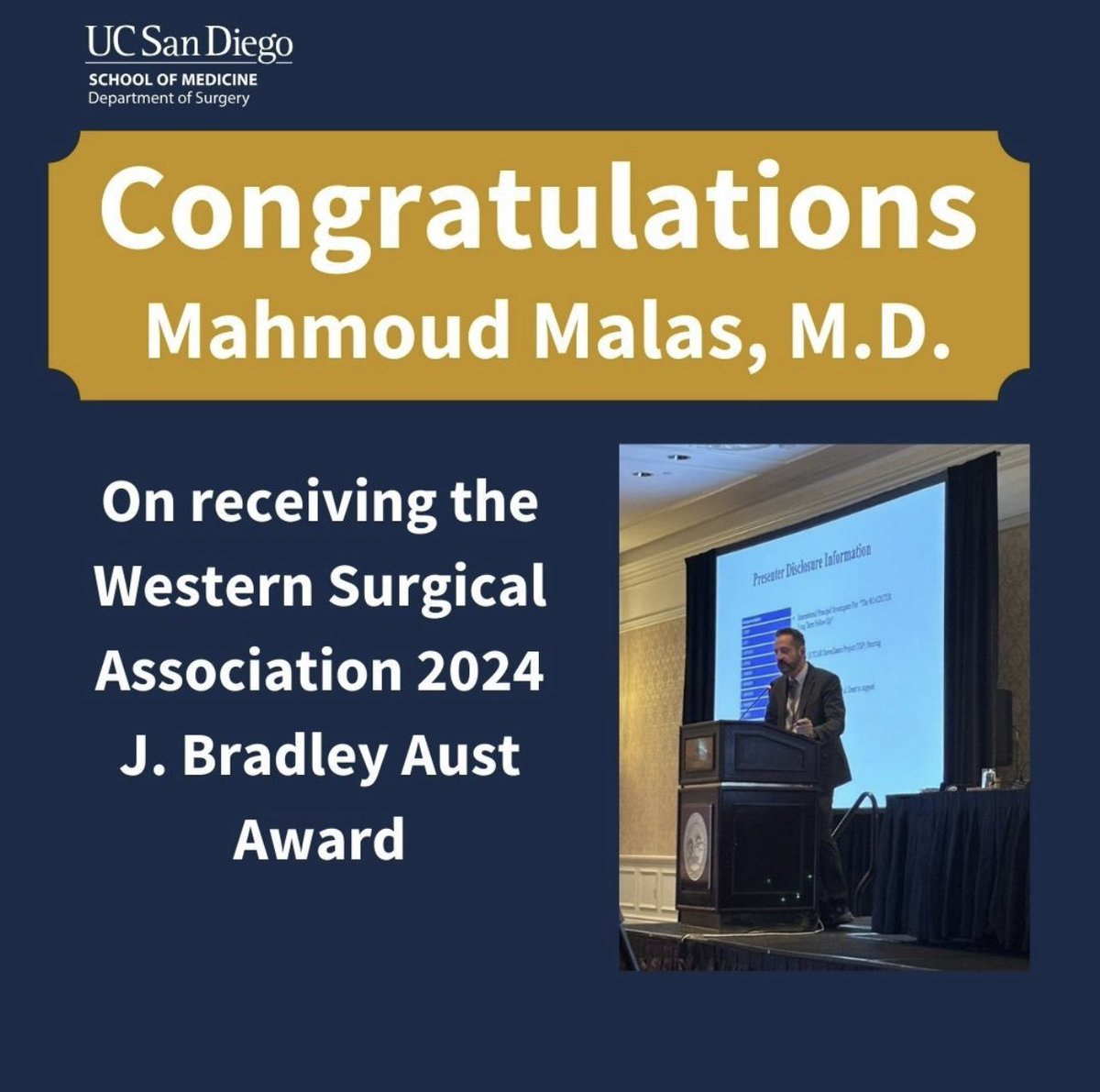 Narek Veranyan, MD (@narekveranyan1) on Twitter photo Excited to share that Dr. Mahmoud Malas, MD, MHS received the 2024 J. Bradley Aust Award of the Western Surgical Association for best paper by a new association member.
Congratulations, Dr. Malas
<a href="/UCSDMedSchool/">UC San Diego School of Medicine</a> <a href="/UCSDsurgery/">UC San Diego Surgery</a> <a href="/UCSDHealth/">UC San Diego Health</a> <a href="/WesternWsa/">WSA</a> <a href="/malas_mahmoud/">Mahmoud Malas,MD,MHS</a> Excited to share that Dr. Mahmoud Malas, MD, MHS received the 2024 J. Bradley Aust Award of the Western Surgical Association for best paper by a new association member.
Congratulations, Dr. Malas
<a href="/UCSDMedSchool/">UC San Diego School of Medicine</a> <a href="/UCSDsurgery/">UC San Diego Surgery</a> <a href="/UCSDHealth/">UC San Diego Health</a> <a href="/WesternWsa/">WSA</a> <a href="/malas_mahmoud/">Mahmoud Malas,MD,MHS</a>