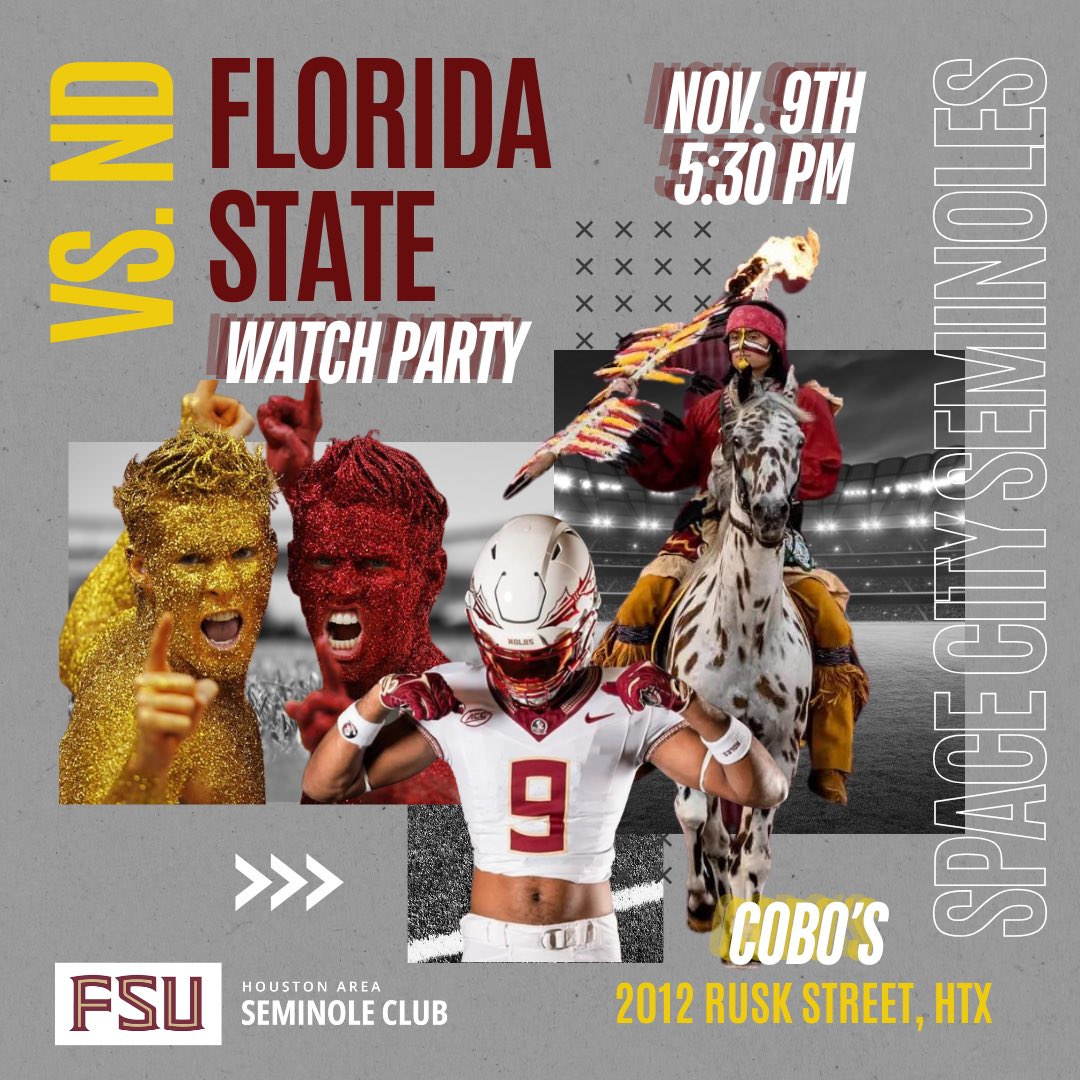 HTXNoles's tweet photo. Who you wit?! ❤️💛🏈 FSU takes on Notre Dame tonight! Come cheer on the Noles with us! https://t.co/ri2gInnkYI