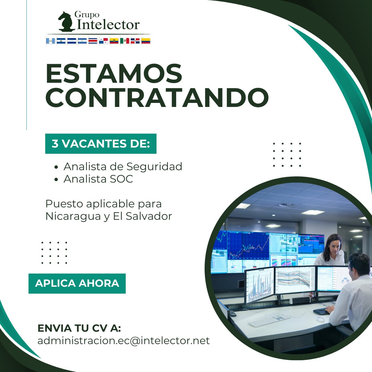 GIntelector's tweet image. ¡Estamos contratando!

Ubicación: Nicaragua y El Salvador
Vacantes disponibles: 3

📩 Envía tu CV a: administracion.ec@intelector.net
¡Aplica ahora y sé parte de nuestro equipo!

#Ciberseguridad #Empleos #OportunidadesLaborales #AnalistaSOC #GrupoIntelector #Nicaragua #ElSalvador