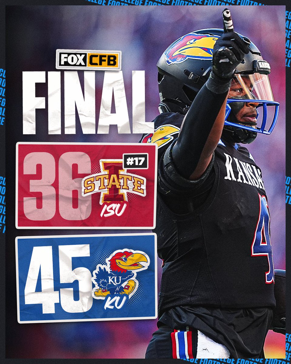 CFBONFOX's tweet photo. ROCK CHALK!!! 😤

@KU_Football takes down #17 Iowa State! https://t.co/MBl065tdVe
