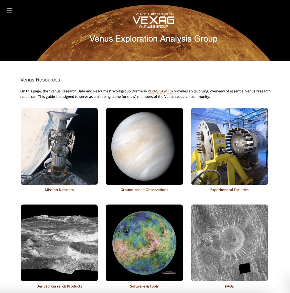 📢To any member of the (aspiring) Venus community!!
Our <a href="/unveilvenus/">Venus Exploration Analysis Group (VEXAG)</a> (VExAG) new "Venus Resources" webpage  is now live!  Go to: lpi.usra.edu/vexag/resource… 🔥

If you're interested in exploring Venus data (ground and space) and related tools, this is your place to start!  (1/2)