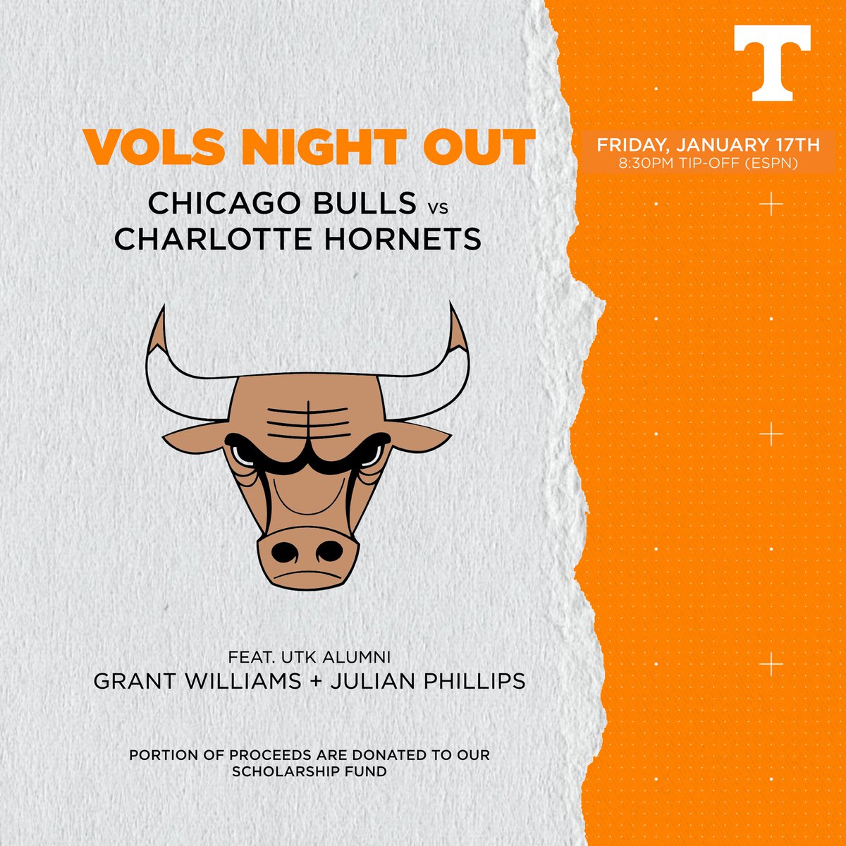 Join your Chicagoland Vols for a night at the Bulls! We’ll be cheering on our former BasketVol Stars Julian Philips (Bulls) and Grant Williams (Hornets), and a portion of ticket proceeds go to our student scholarship fund! Purchase link below 🏀
fevo-enterprise.com/event/Chicagou…