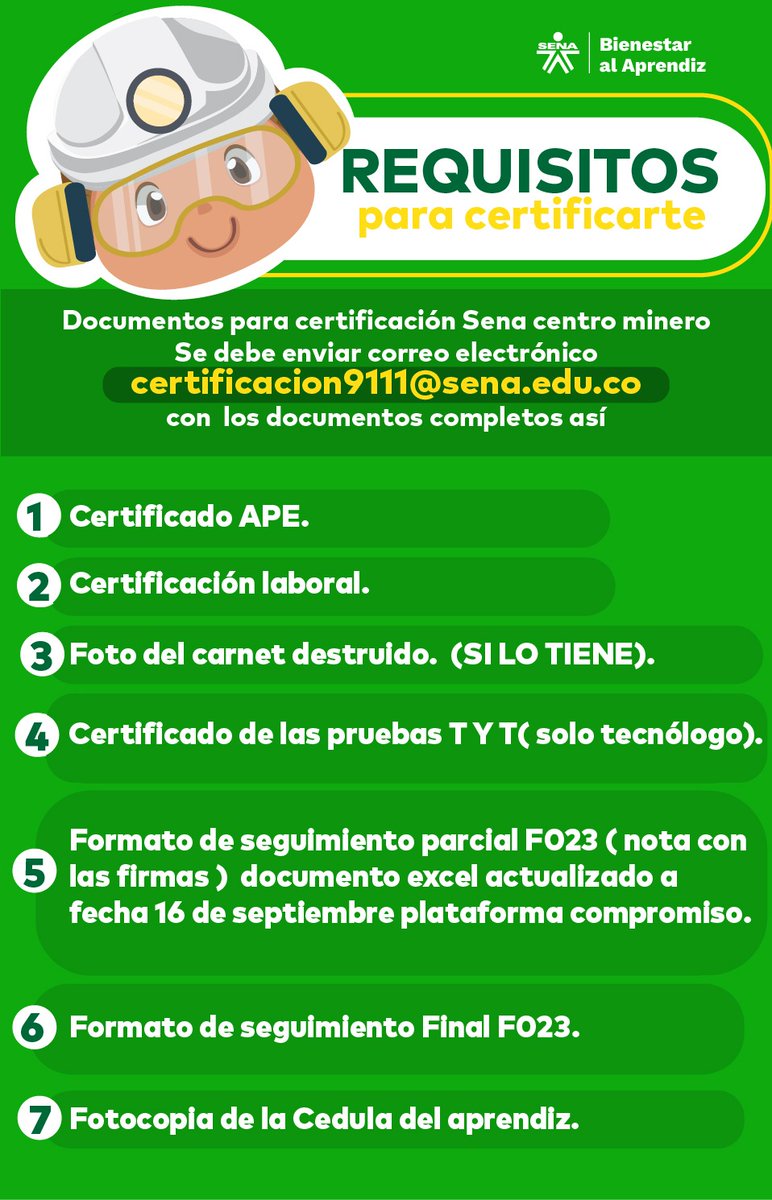 CNTR_NAL_MINERO's tweet photo. Para que no lo olvides y lo mantengas presente apreciado aprendiz, te contamos cuales son los requisitos para que te certifiques en la entidad que construye pais: @SENAComunica y su Centro Nacional Minero !!! @JorgeELondonoU @SENABoyaca https://t.co/km1VDUXx4L