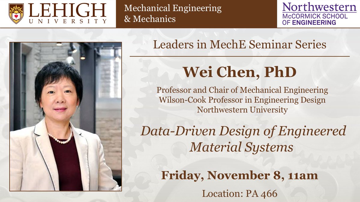 Lehigh MEM (@lehighmem) on Twitter photo Join us today at 11am for the Leaders in Mechanical Engineering seminar series as we welcome Prof. Wei Chen, Chair of MechE <a href="/NorthwesternEng/">Northwestern Engineering</a> for her talk on data-driven design of engineered material systems. engineering.lehigh.edu/meche/lehigh-m… Join us today at 11am for the Leaders in Mechanical Engineering seminar series as we welcome Prof. Wei Chen, Chair of MechE <a href="/NorthwesternEng/">Northwestern Engineering</a> for her talk on data-driven design of engineered material systems. engineering.lehigh.edu/meche/lehigh-m…