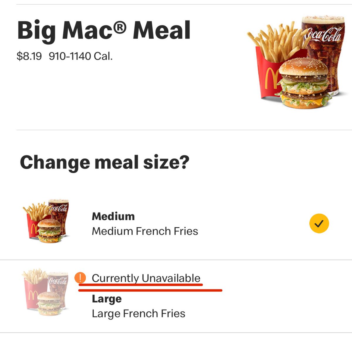 Whelp. Tariffs already killed large fries. This is what it's like living in Trump's America!