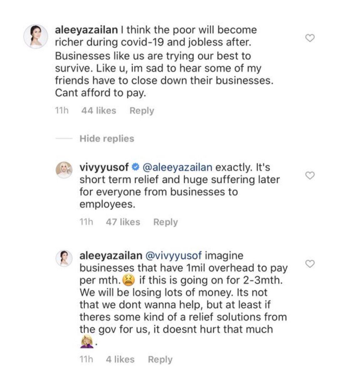 liyana_marzuki's tweet photo. TONE DEAF

Hantaran dan komen ini dibuat tahun 2020. Ini ketika Gomen nak buat PKP dan syaratkan Company bayar juga gaji kepada pekerja, at least sebulan gaji. Di samping itu, Gomen setuju bagi wang ihsan membantu B40 zaman susah zaman PKP. 

Maka, gempaq gempita la beberapa Influencers. Termasuk Aleeya Zailan dan Vivy Yusof. Kata ini polisi yang tak membantu dan susahkan Usahawan.  

Aleeya Zailan siap perli B40. Katanya “the poor will become richer during covid-19”. Siap perli dapat duit nanti pun B40 akan beli TV dan iPhone baru. 

Level tu dia pandang rakyat berlainan darjat. Walhal masa tu ada yang nak makan sehari sekali pun tak dapat. 

Vivy siap saman netizen yang mengata dia. Dia kata dia tak hina pun B40. Dia cuma persoalkan kewajaran polisi Kerajaan menambah beban ke atas usahawan. Akan menyukarkan usahawan di masa depan. 

Little that we know back then, as early as 2018, Vivy telah terima geran Kerajaan RM44 juta untuk Fashion Valet. 

Selepas tu Fashion Valet milik Vivy beli jenama Duck (30 Maple) jugak milik Vivy dengan RM95 juta lagi. Itu datang la 7 PKP sekali pun sure boleh hidup lagi. 

Saya rasa faceplam saja. 

Maknanya, masa komen tone deaf ini ditulis, dia sedang enak dapat bantuan dan dana Kerajaan. Tapi memekak tentang polisi Kerajaan bantu mereka yang susah. 

Saya sokong SPRM siasat betul2 apa terjadi kepada pelaburan ini. No kompromi juga kepada pegawai2 GLIC dan “introducer” yang membantu. Kalau ada kes, dakwa semua sekali. 

Kalau boleh sekali dengan Pengarah syarikat yang suruh netizen get a life. Tu pun bongkak yakmat. 

~LM~