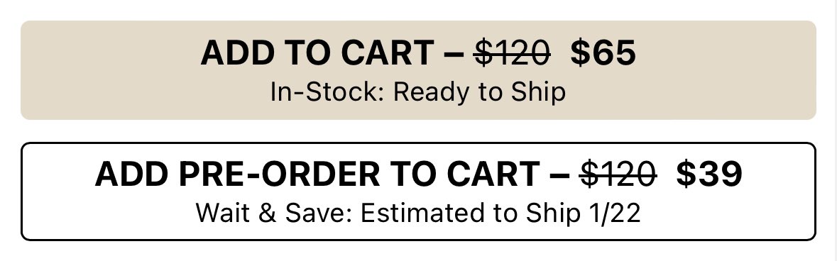 masterpooks's tweet image. Does anyone know of a Shopify app that has this feature? 
Two Add to Cart buttons: “Buy Now, Receive Now” and “Buy Now, Receive Later” (pre-order) options simultaneously on your Shopify product page. 
I attached an example:
#shopifyapp #shopifydeveloper #shopifyapp