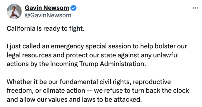 QuoteDigging's tweet photo. Boom. Gov. Gavin Newsom is already starting the resistance against Trump as he just called for a special legislative session of California to increase funding to fight Trump. This is how it’s done. Bravo.

---Victor Shi https://t.co/BFZddt2k5G