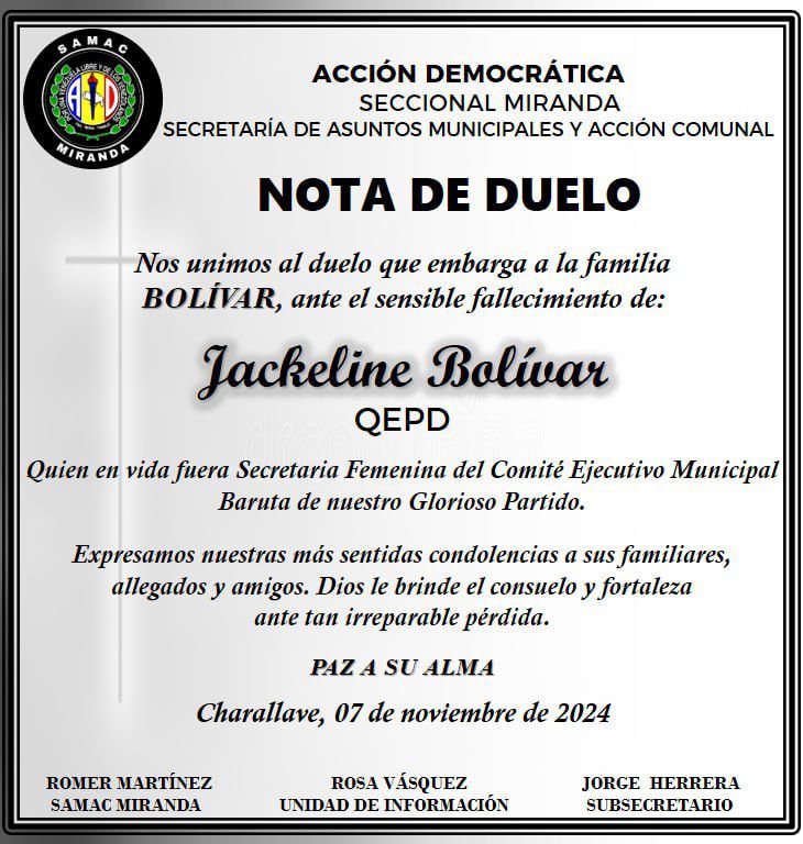 Que triste noticia...
Se nos fué Jakque...
Nuestras más sinceras palabras de condolencias ante esta irreparable pérdida...
Ve con Dios hermana de lucha