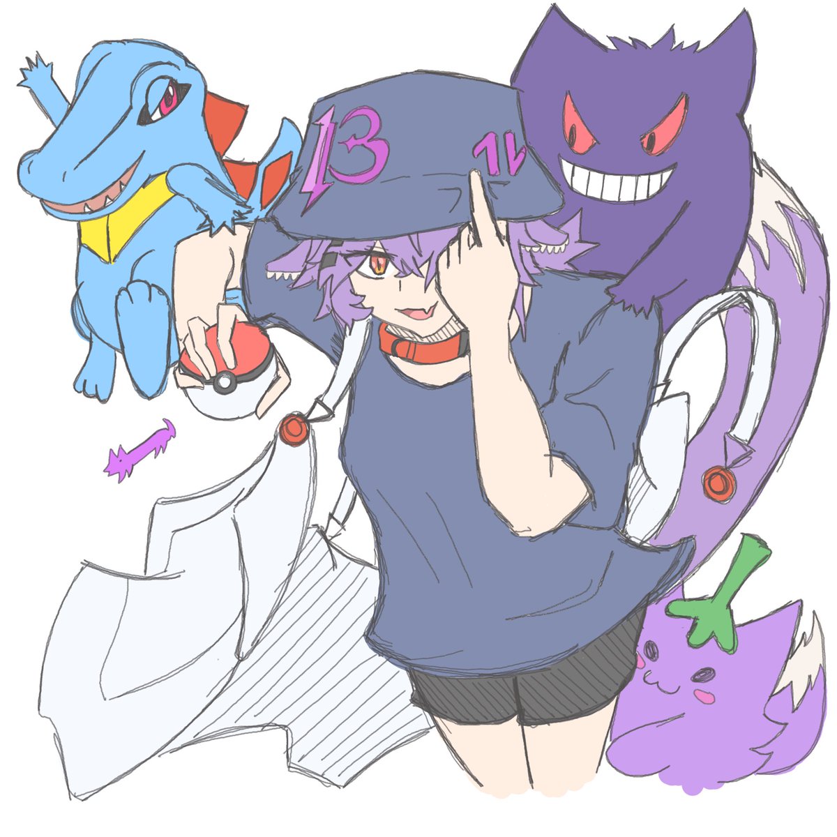 azukatsushi's tweet image. Day 7 of NegNasu November (Day 312 of learning to draw) NegNasu and her two favorite Pokemon #neggplanted #NegNasuNovember