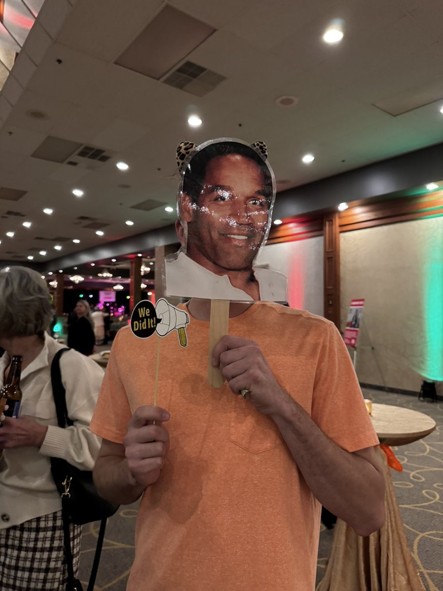 carterjs95's tweet image. Will forever be thinking about the OJ Simpson laminated cutout on a popsicle stick among the normal photo booth props at the $145/ticket fundraiser for underprivileged children