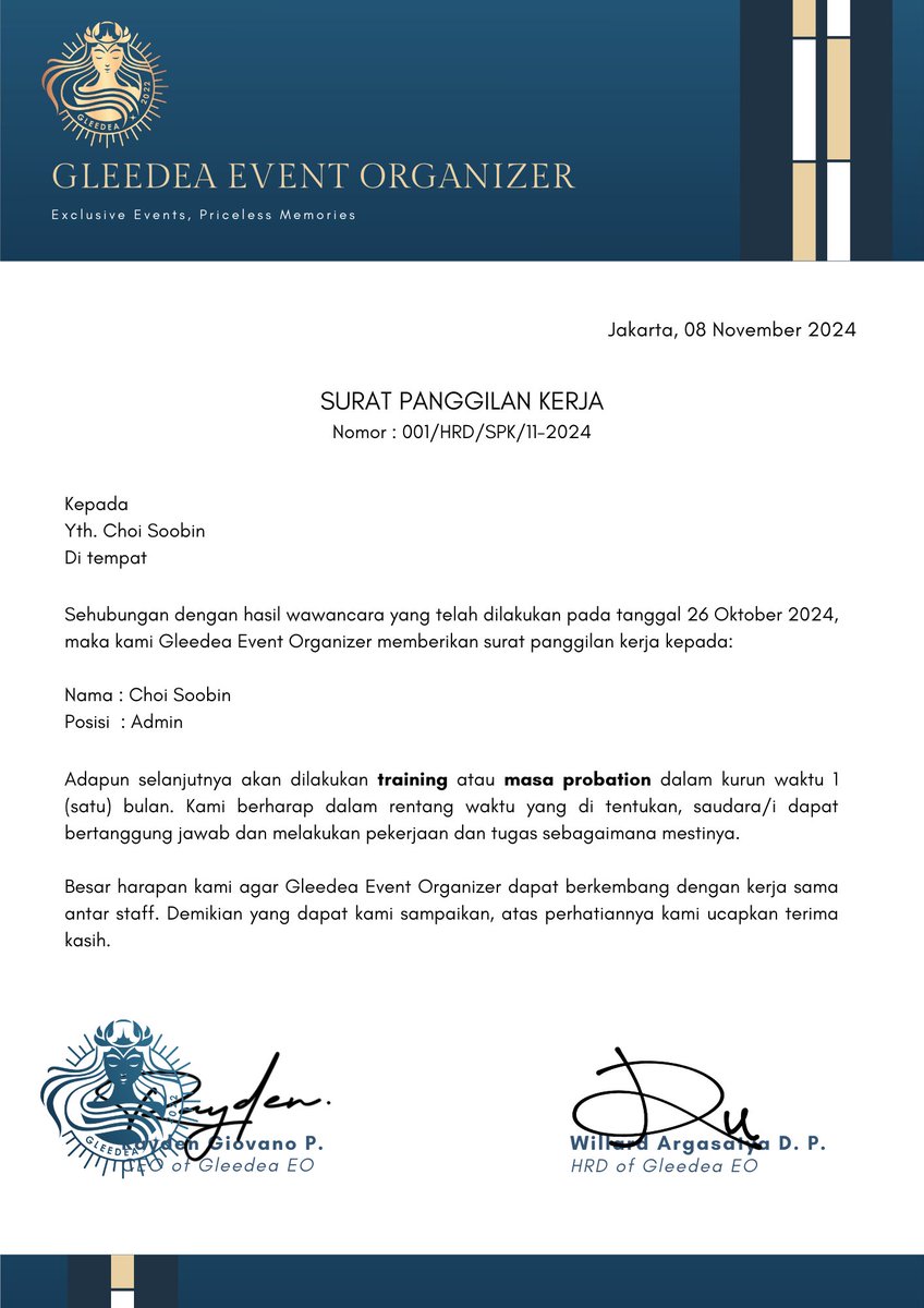 📧 E-mail  

To : Choi Soobin ( @ssvbln ) 
From : Gleedea EO 
gleedea.eo@gleedea.com  

Cc : riverking@gleedea.com ( <a href="/vengogh__/">𝐃𝐈𝐌𝐈𝐓𝐑𝐈 𝐏𝐔𝐓𝐑𝐀</a> ) alletabel@gleedea.com ( <a href="/sooyrg/">Alleta</a> ) duryudana@gleedea.com ( @duryvdana )

Subject : Surat Panggilan Kerja 
🖇️:
