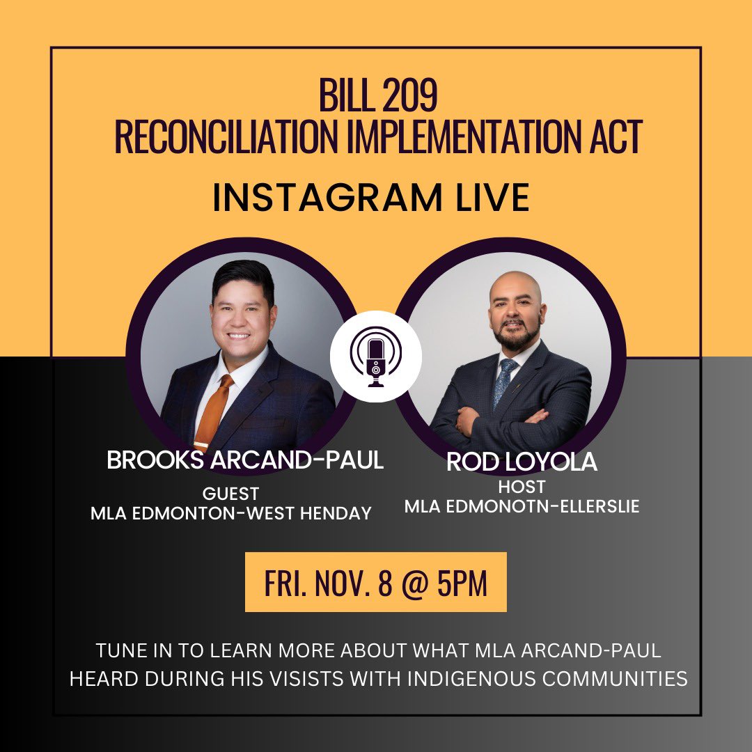 Rod Loyola (@rod_loyola) on Twitter photo Join MLA Brooks Arcand-Paul and I tomorrow, Friday Nov. 8 at 5pm as we discuss his findings after visiting several Indigenous communities across Alberta. Bill 209: Reconciliation Implementation Act. #reconciliation #reconciliaction insta handle <a href="/rodloyola/">Rodrigo Loyola</a> Join MLA Brooks Arcand-Paul and I tomorrow, Friday Nov. 8 at 5pm as we discuss his findings after visiting several Indigenous communities across Alberta. Bill 209: Reconciliation Implementation Act. #reconciliation #reconciliaction insta handle <a href="/rodloyola/">Rodrigo Loyola</a>